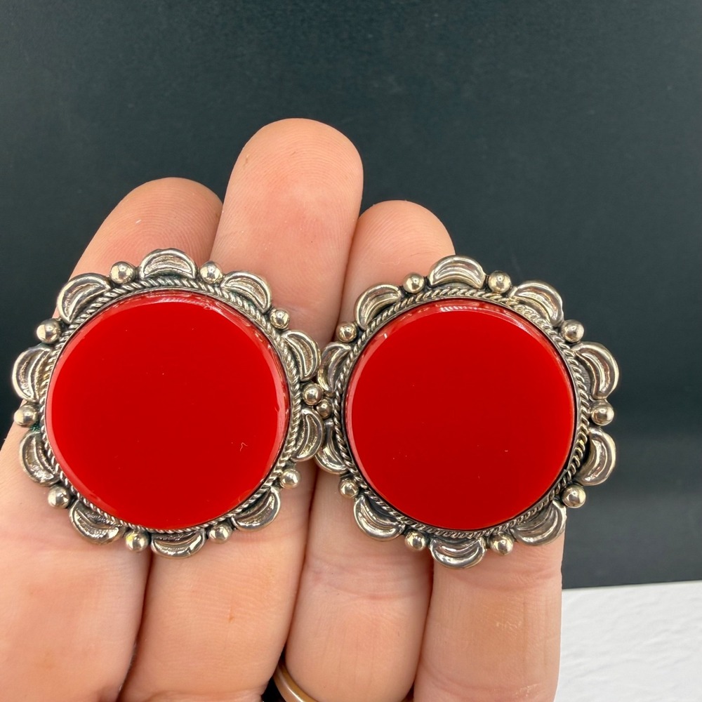 Vintage JGC Earrings Red Sterling Silver Screw Back Western Scalloped 18.3g